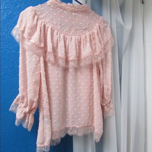 Swiss dot pink ruffle blouse with front buttons and lace detail - Picture 6 of 13